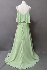 Party Dress Mini, Ruffles Sage Green Straps A-Line Long Bridesmaid Dress with Slit
