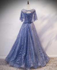 Prom Dresses Dresses, Unique Round Neck Tulle Lace Long Prom Dress, Blue Lace Evening Dress