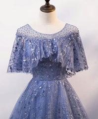 Prom Dress Dresses, Unique Round Neck Tulle Lace Long Prom Dress, Blue Lace Evening Dress
