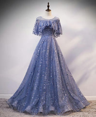 Prom Dress 2031, Unique Round Neck Tulle Lace Long Prom Dress, Blue Lace Evening Dress
