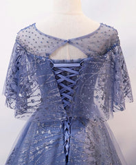 Prom Dresses Dress, Unique Round Neck Tulle Lace Long Prom Dress, Blue Lace Evening Dress