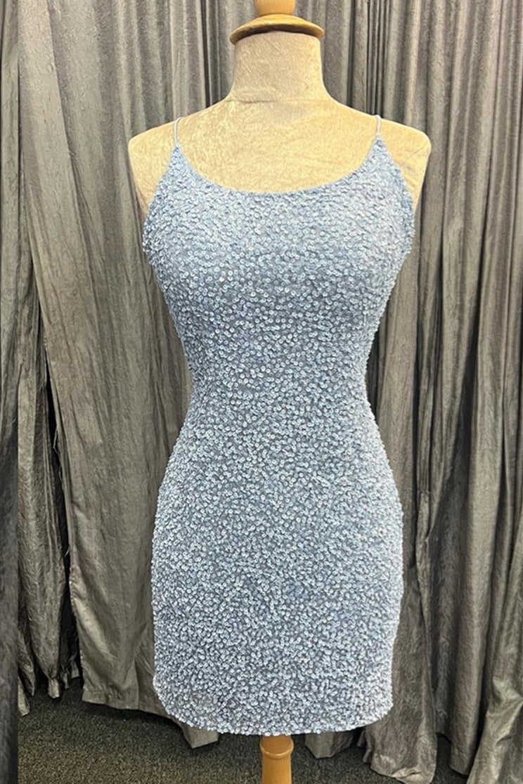 Homecoming Dresses Cute, Light Blue Lace-Up Sequins Sheath Homecoming Dress