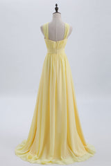 Slip Dress, Cross Front Yellow Pleated Chiffon Long Bridesmaid Dress
