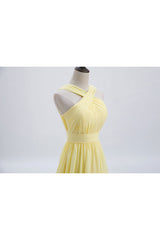 Cute Prom Dress, Cross Front Yellow Pleated Chiffon Long Bridesmaid Dress