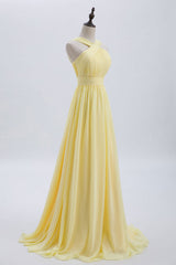 Beauty Dress, Cross Front Yellow Pleated Chiffon Long Bridesmaid Dress