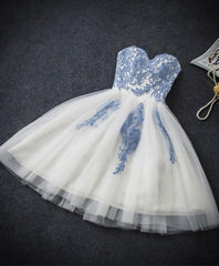 107 Prom Dress, Cute Blue Sweetheart Neck Tulle Lace Short Prom Dress, Blue Homecoming Dress