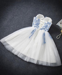 Wedding Guest Dress Summer, Cute Blue Sweetheart Neck Tulle Lace Short Prom Dress, Blue Homecoming Dress