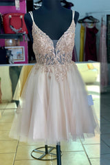 Party Dress Near Me, Rose Gold Straps Deep V Neck Appliques Tulle Homecoming Dress
