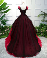 Prom Dress With Slit, Unique Burgundy V Neck Tulle Long Prom Dress, Burgundy Evening Dress