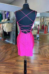 Formal Dresses Off The Shoulder, Hot Pink Beaded Lace-Up Bodycon Mini Homecoming Dress