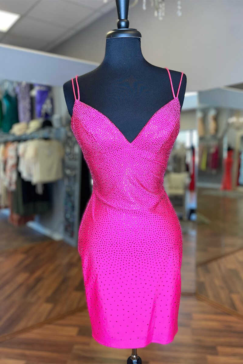 Formal Dresses Long Elegant Evening Gowns, Hot Pink Beaded Lace-Up Bodycon Mini Homecoming Dress