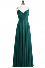 Mermaid Prom Dress, Hunter Green Chiffon V-Neck Spaghetti Straps A-Line Long Dress