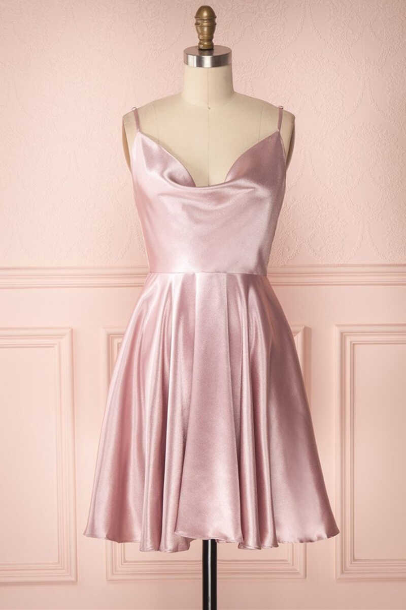 Party Dresses Ideas, Dusty Pink Cowl Neck A-Line Short Homecoming Dress