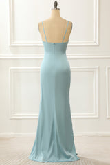 Classy Prom Dress, Satin Spaghetti Straps Blue Simple Prom Dress