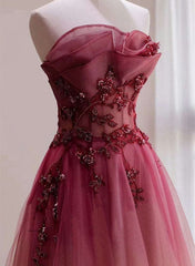 Formal Dress Idea, Red Beaded Gradient Tulle Long Party Dress, A Line Elegant Lace Up Prom Dress