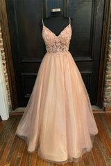 Bridesmaid Dress Sleeveless, Blush Pink Appliques Straps V Neck A-line Long Prom Dress