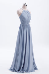 Prom Dress Stores, Misty Blue Scoop Chiffon A-line Long Bridesmaid Dress