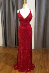 Beauty Dress, Red Sequin V-Neck Mermaid Long Formal Dress