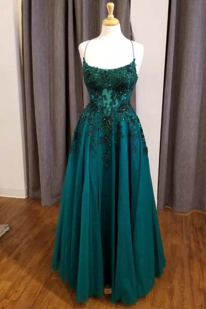 Sparklie Prom Dress, Hunter Green Floral Lace Scoop Neck A-Line Prom Dress