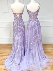 Party Dress Party, Purple Sweetheart Neck Lace Long Prom Dresses, Purple Lace Graduation Dress