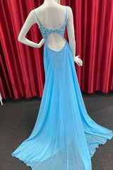 Formal Dresses Ball Gown, Sky Blue Chiffon Floral Keyhole A-line Long Prom Dress