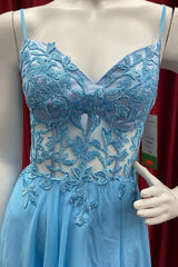 Formal Dress Simple, Sky Blue Chiffon Floral Keyhole A-line Long Prom Dress