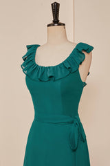 Elegant Gown, Teal Ruffled Neck A-line Long Bridesmaid Dress with Sash