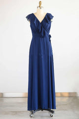 Prom Dresses2042, Navy Blue Ruffled Tie-Side Long Bridesmaid Dress