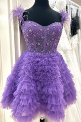 Black Tie Wedding, Purple Tulle Beaded Knee Length Prom Dress, A-Line Party Dress