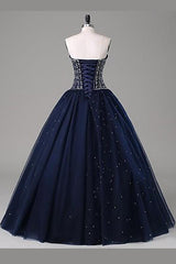 Bridesmaid Dresses Different Colors, Navy Blue Ball Gown Floor Length Sweetheart Sleeveless Mid Back Prom Dresses