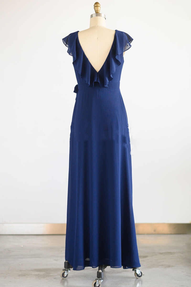 Prom Dresses Around Me, Navy Blue Ruffled Tie-Side Long Bridesmaid Dress