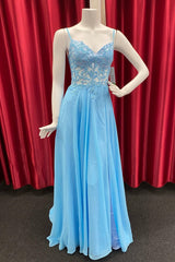 Formal Dresses Simple, Sky Blue Chiffon Floral Keyhole A-line Long Prom Dress