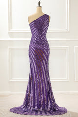 Bridesmaid Dresses Elegant, One Shoulder Purple Sequin Prom Dress with Slit