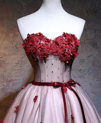 Homecoming Dress Pink, Red Sweetheart Neck Lace Short Prom Dress