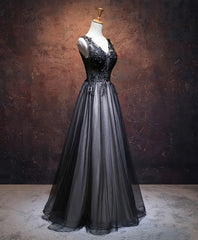 Prom Dress Trends For The Season, Black V Neck Tulle Lace Applique Long Prom Dress, Black Evening Dress, 1