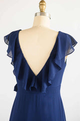 Prom Dressed 2042, Navy Blue Ruffled Tie-Side Long Bridesmaid Dress
