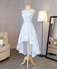 Evening Dress Vintage, Light Blue Lace High Low Prom Dress, Homecoming Dress