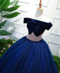 Evening Dresses Simple, Dark Blue Tulle Off Shoulder Long Prom Dress, Blue Sweet 16 Dress