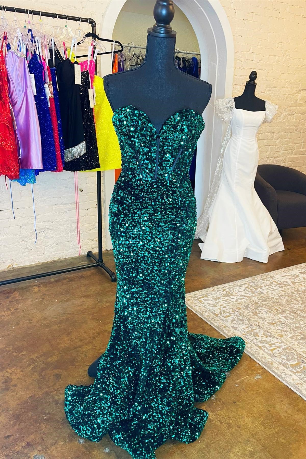 Stunning Dress, Hunter Green Strapless Mermaid Sequins Long Prom Dress