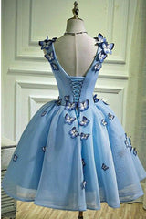 Prom Dress Sleeves, Elegant Butterfly Applique V Neck Sleeveless Short Homecoming Dresses