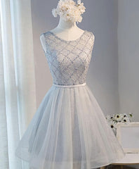Evening Dresses For Party, Gray Tulle Beads Short Prom Dress, Gray Homecoming Dress