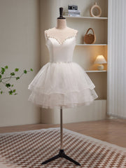 Party Dresses Glitter, White Spaghetti Strap Tulle Short Prom Dress, Cute A-Line Party Dress