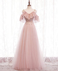Homecomming Dresses Vintage, Pink V Neck Tulle Lace Long Prom Dress, Pink Bridesmaid Dress, 1