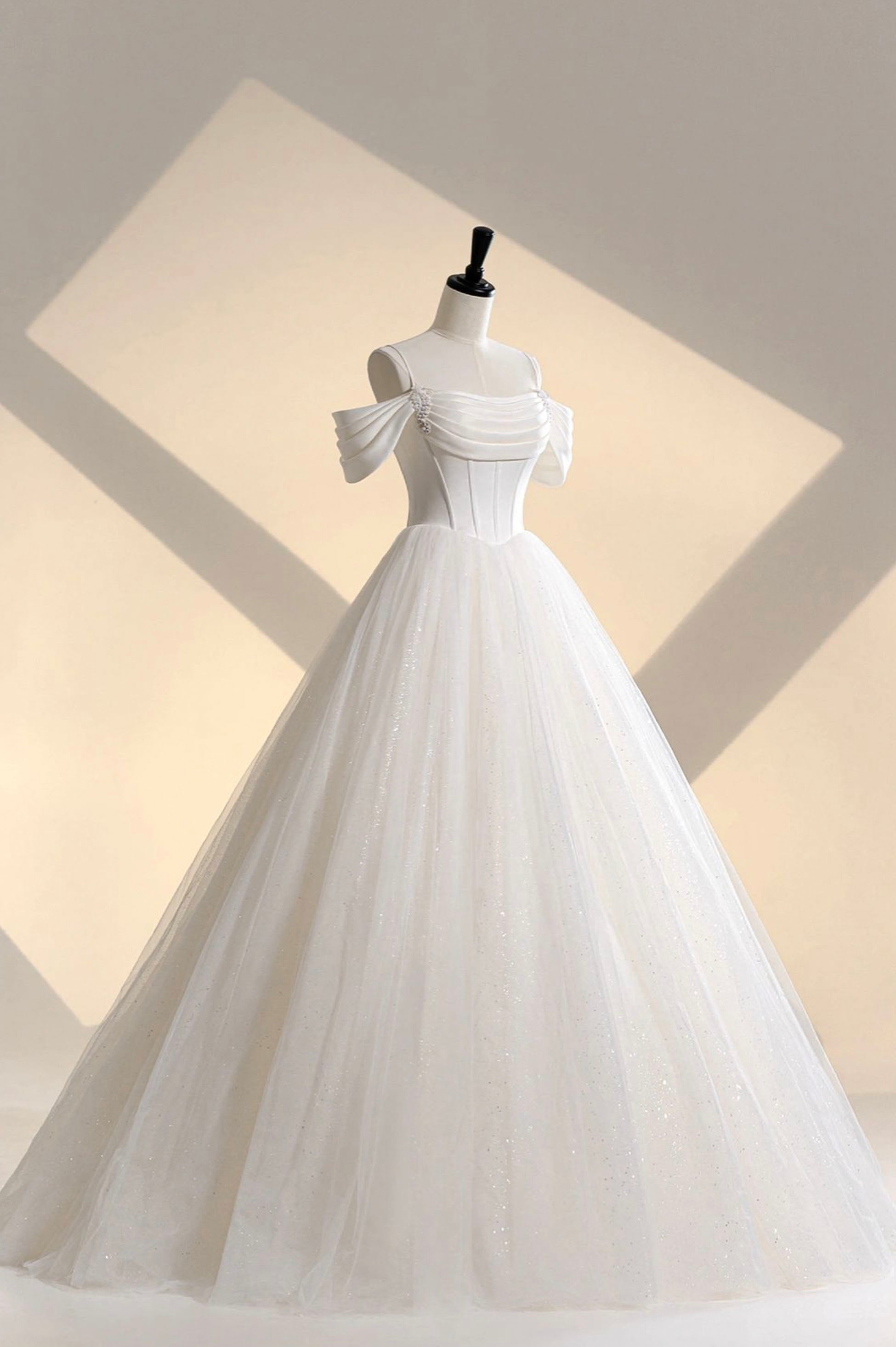 Wedding Dress Sleeves Lace, Ivory Tulle Off the Shoulder Formal Gown, Elegant A-Line Wedding Dress
