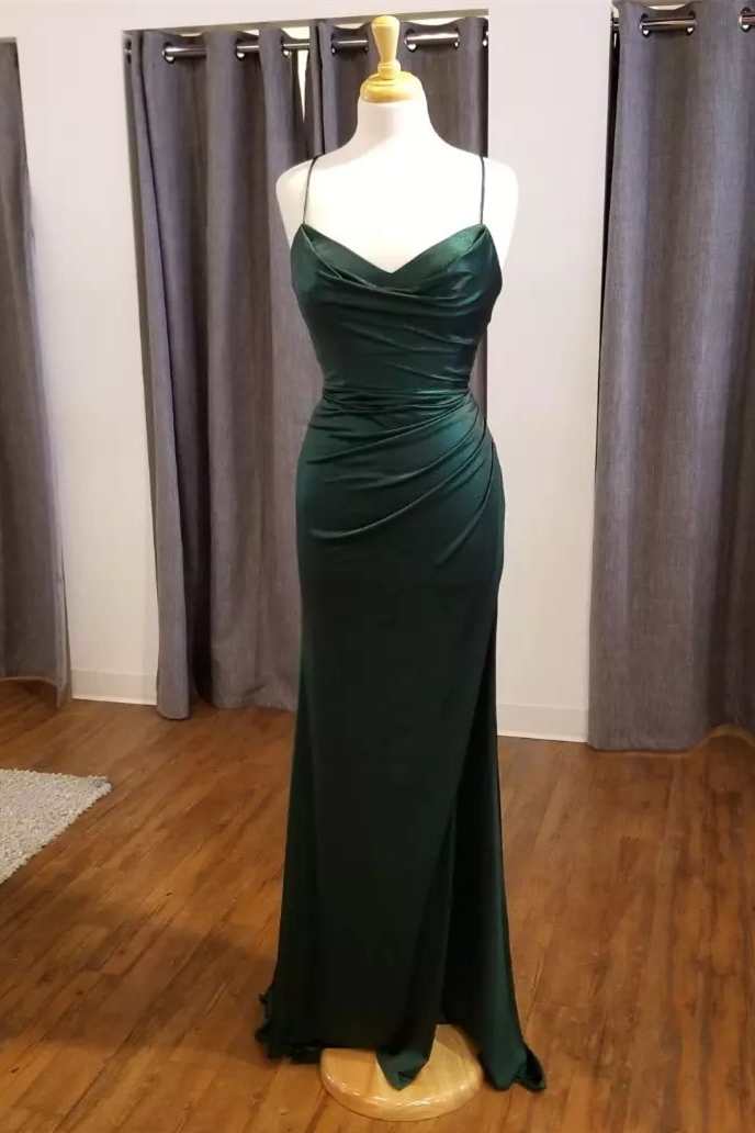 Pleated Dress, Hunter Green V-Neck Mermaid Long Formal Dress
