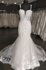 Wedding Dresses With Long Sleves, Mermaid White Floral Lace Sweetheart Long Wedding Dress