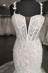 Wedding Dress With Sleeves Lace, Mermaid White Floral Lace Sweetheart Long Wedding Dress