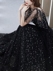Prom Dress Ideas, Black Tulle Off Shoulder Tulle Long Prom Dress, Black Evening Dress