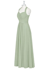 Party Dress Long Sleeve Maxi, Sage Green Halter Backless A-Line Bridesmaid Dress