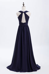 Cocktail Party Outfit, Empire Navy Blue Chiffon A-line Long Bridesmaid Dress